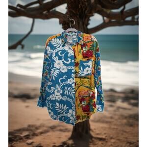 Surya Patchwork Hawaiian Shirt M Beaded Embroidery Surf Aloha Vtg Art Unisex